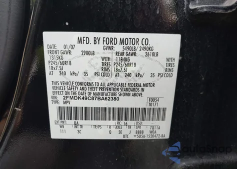 2007 Ford Edge Sel Plus from USA, damaged, VIN 2FMDK49C87BA62380